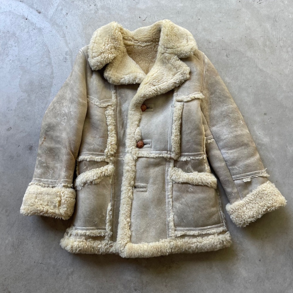 Vintage Women Shearling Coat Tan Sheepskin Fur Trim Boho Penny Lane Flawed